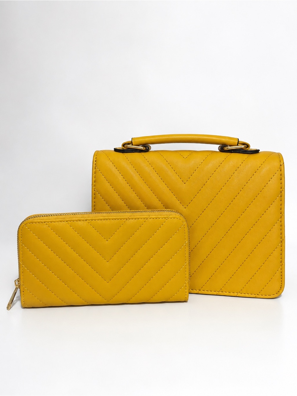 Quilted Yellow Top-Handle Satchel with Matching Zip Wallet